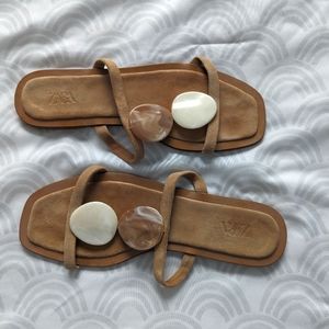 Zara Stone Bead Flat Leather Sandals
